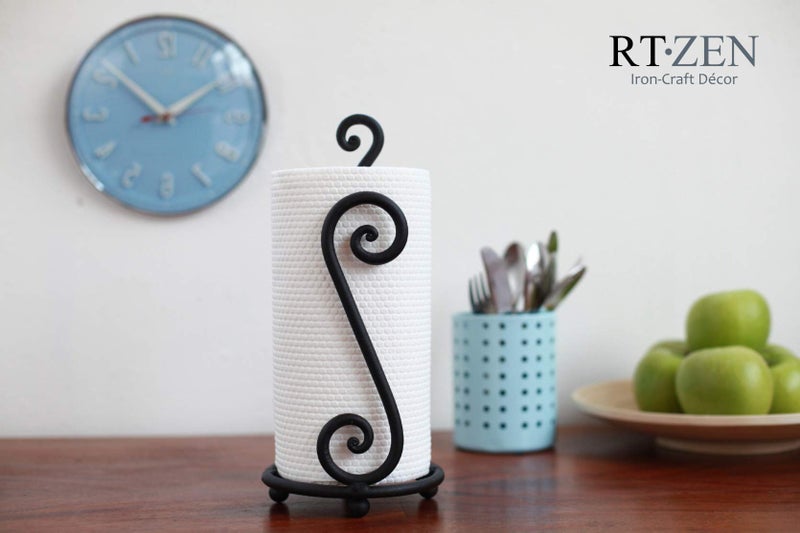 RTZEN Matte Black Paper Towel Holder Countertop - Decorative Farmhouse Paper Towel Roll Holder - Rustic Metal Modern Stand for Kitchen or Bathroom (Swirl) - Image 5